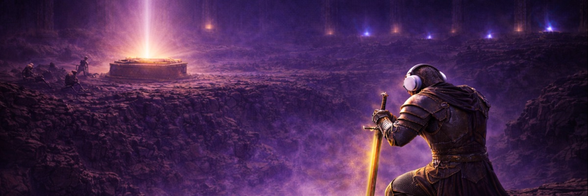 Hearoism banner logo, a paladin with headphones and a glowing sword stares across a chasm at a glowing crypt